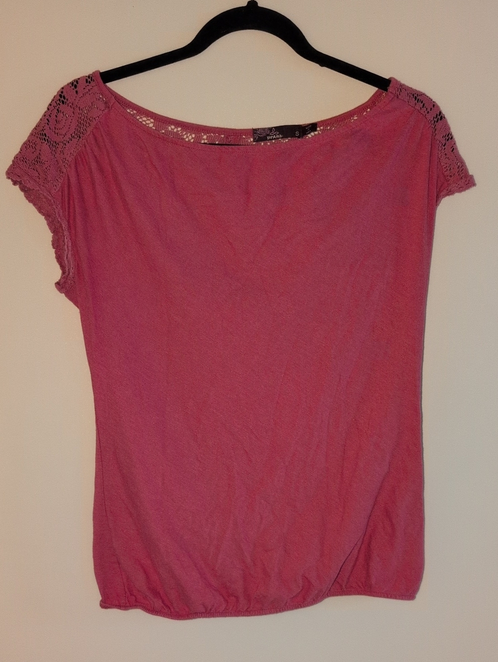 Prana Rose Pink Lace Shoulder Short Sleeve Tee